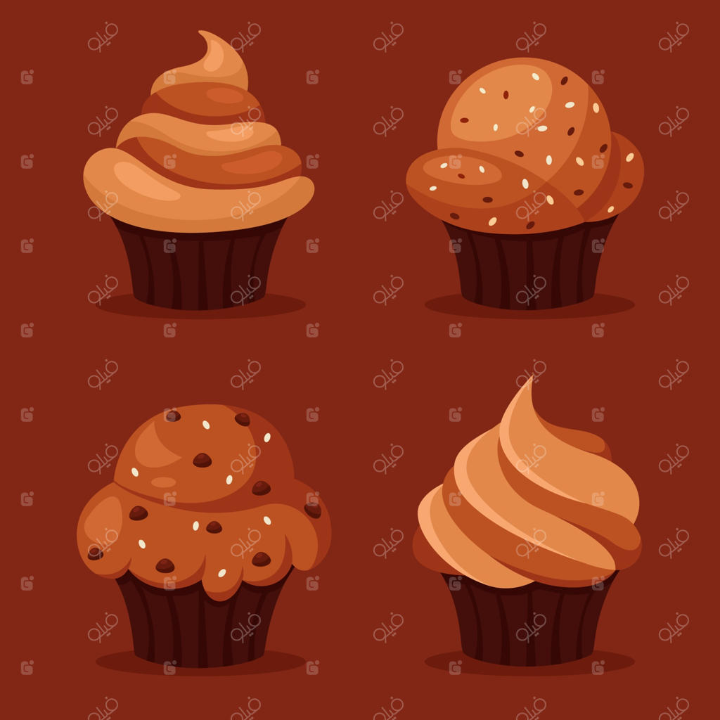 کاپ کیک‌های شکلاتی، مافین‌های شکلاتی، شیرینی‌ها با لعاب شکلاتی. تصویرسازی وکتور به سبک تخت.