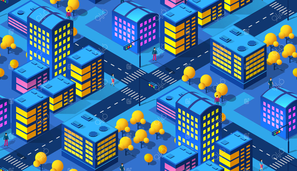 شهر هوشمند سه بعدی و آینده‌نگرانه در شب با نور نئون و فرابنفش