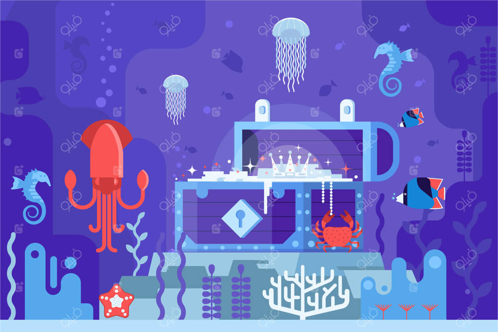 صندوق طلای باز در کف دریا در دنیای زیر آب: صحنه‌ای از صخره‌های مرجانی با زندگی دریایی و گنجینه‌ها