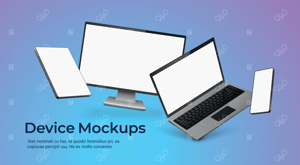 پوستر دستگاه با مدل‌های معلق گجت‌های واقع‌گرایانه و صفحه‌نمایش خالی. گوشی، لپ‌تاپ، مانیتور و تبلت سه‌بعدی. صحنه‌ای از فناوری هوشمند به صورت وکتور