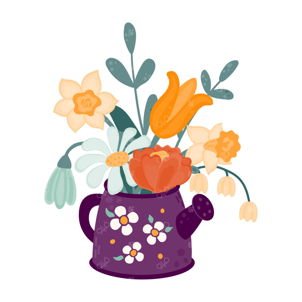 دسته گل‌های وحشی و باغچه‌ای در آب‌پاش. نگهداری از گیاهان.