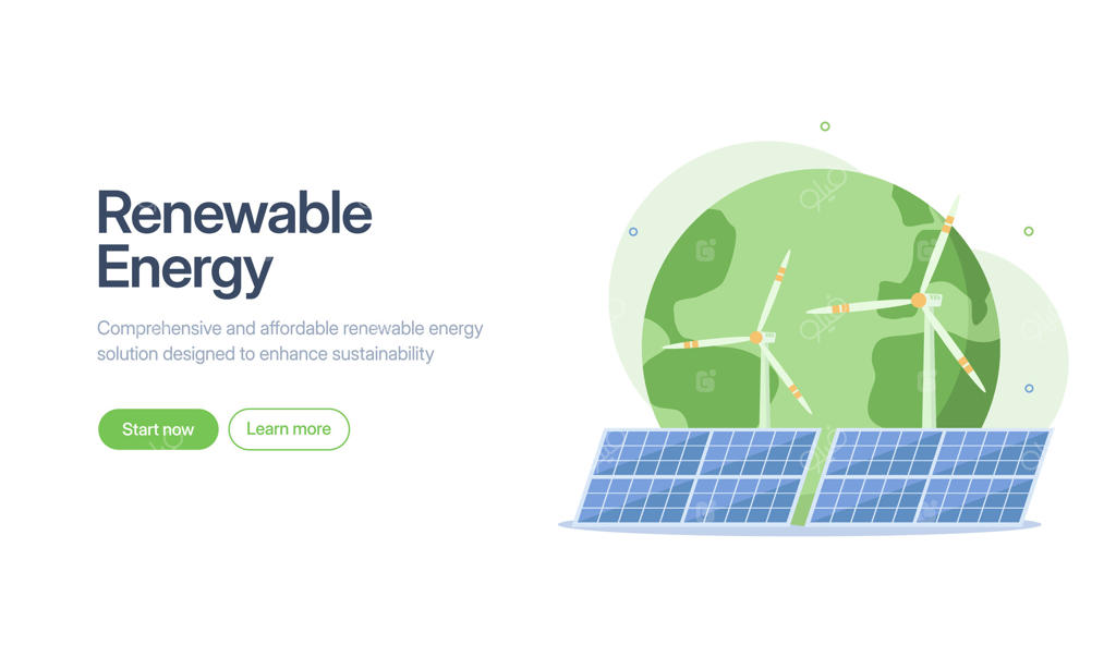 پنل‌های خورشیدی و توربین‌های بادی بر روی سیاره‌ای سبز: مناسب برای انرژی‌های تجدیدپذیر، توسعه پایدار، مفاهیم دوستدار محیط زیست و کمپین‌های محیط‌زیستی.