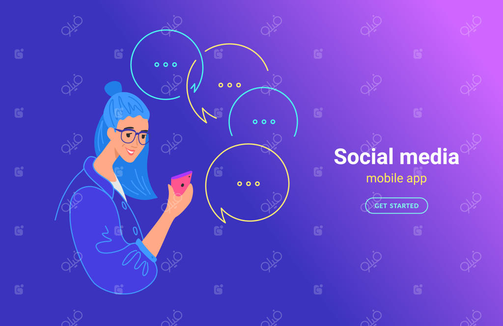 تصویرسازی مفهومی از یک دختر نوجوان در حال استفاده از اپلیکیشن موبایل. دختر جوان با گوشی هوشمند در حال فرستادن پیامک و ارسال پیام‌های آنی در شبکه‌های اجتماعی. دختری خندان در پس‌زمینه‌ای گرادیان‌دار.