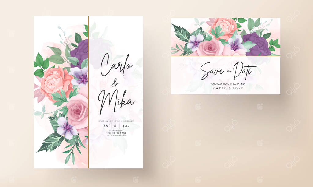 الگوی کارت دعوت با طراحی دستی شیک گل و برگ‌ها