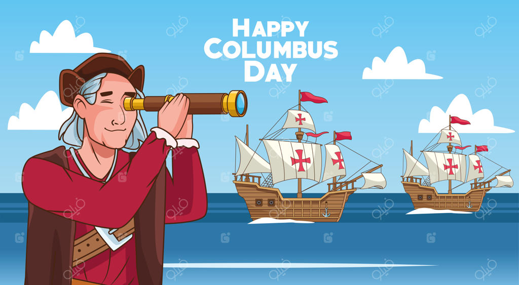 صحنه جشن روز کلمبوس با استفاده کریستف کلمب از تلسکوپ و کشتی‌های کاراول.