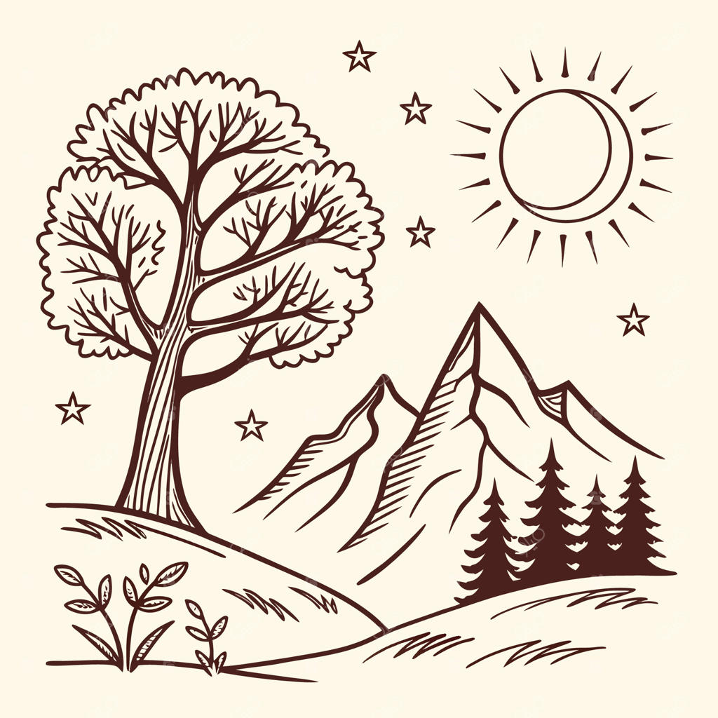 طراحی دستی و خیال‌انگیز منظره با درخت تزیینی، کوه‌های باشکوه و خورشید و ستارگان؛ تداعی‌گر طبیعت و شگفتی