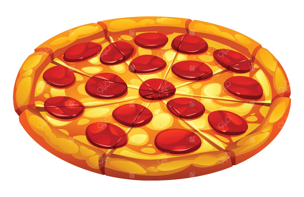 پیتزای کامل پپرونی، برش‌خورده و آماده‌ی خوردن، با پنیر آب‌شده روی زمینه سفید. تصویر کارتونی