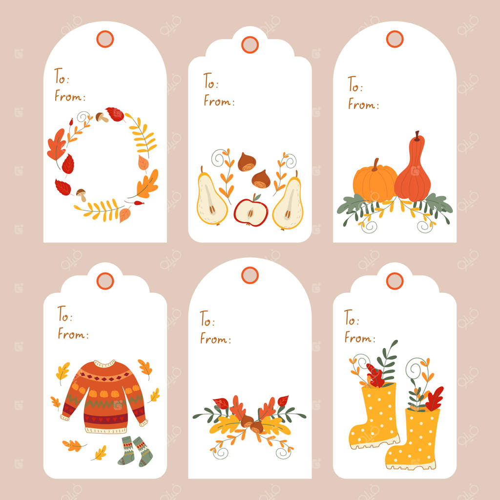 تصویری از مجموعه برچسب‌ها و اتیکت‌های پاییزی. برچسب‌های هدیه با طرح‌های کدو تنبل، ژاکت و نقوش پاییزی