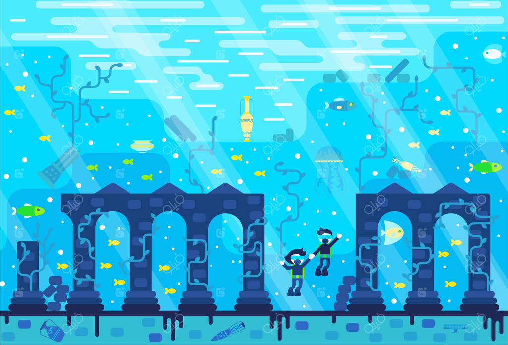 غواصان دختر و پسر به جستجوی گنجینه‌ها در شهر باستانی ویران شده کاوش می‌کنند