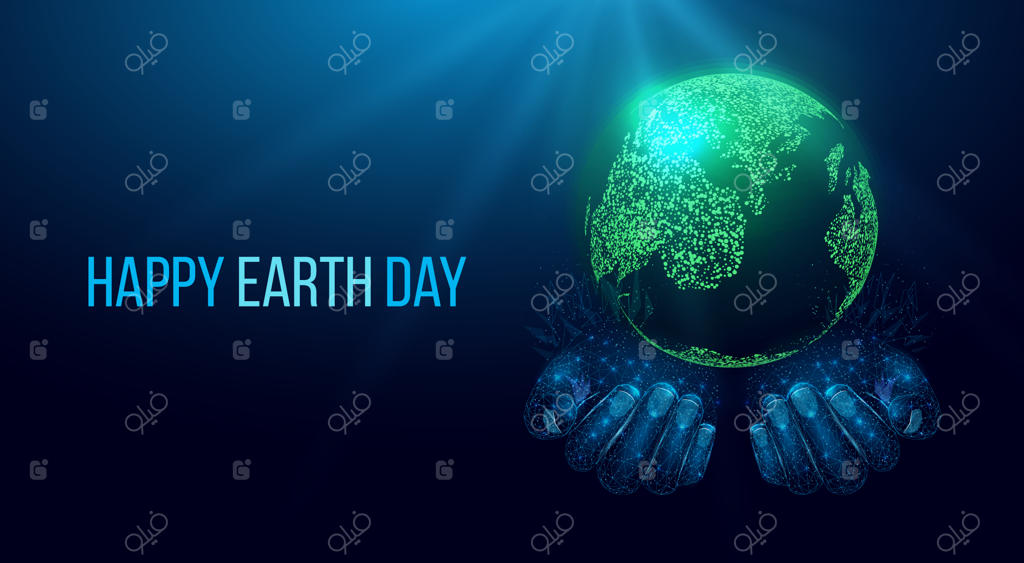 مفهوم روز زمین: دو دست انسان سیاره زمین را نگه داشته‌اند، حفاظت از محیط زیست، پس‌زمینه انتزاعی مدرن و آینده‌نگر، تصویرسازی وکتور