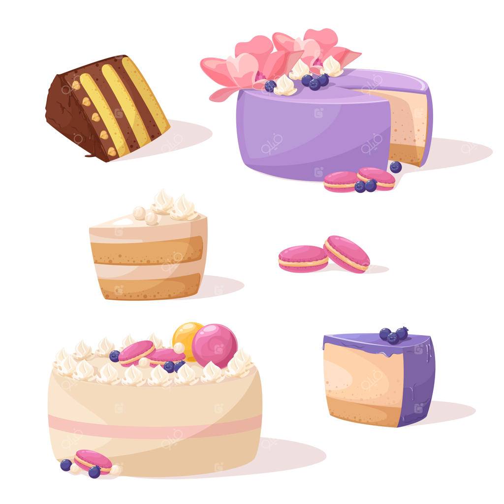 مجموعه‌ای از کیک‌های کامل و برش‌زده: دسرهای شیرین با خامه.