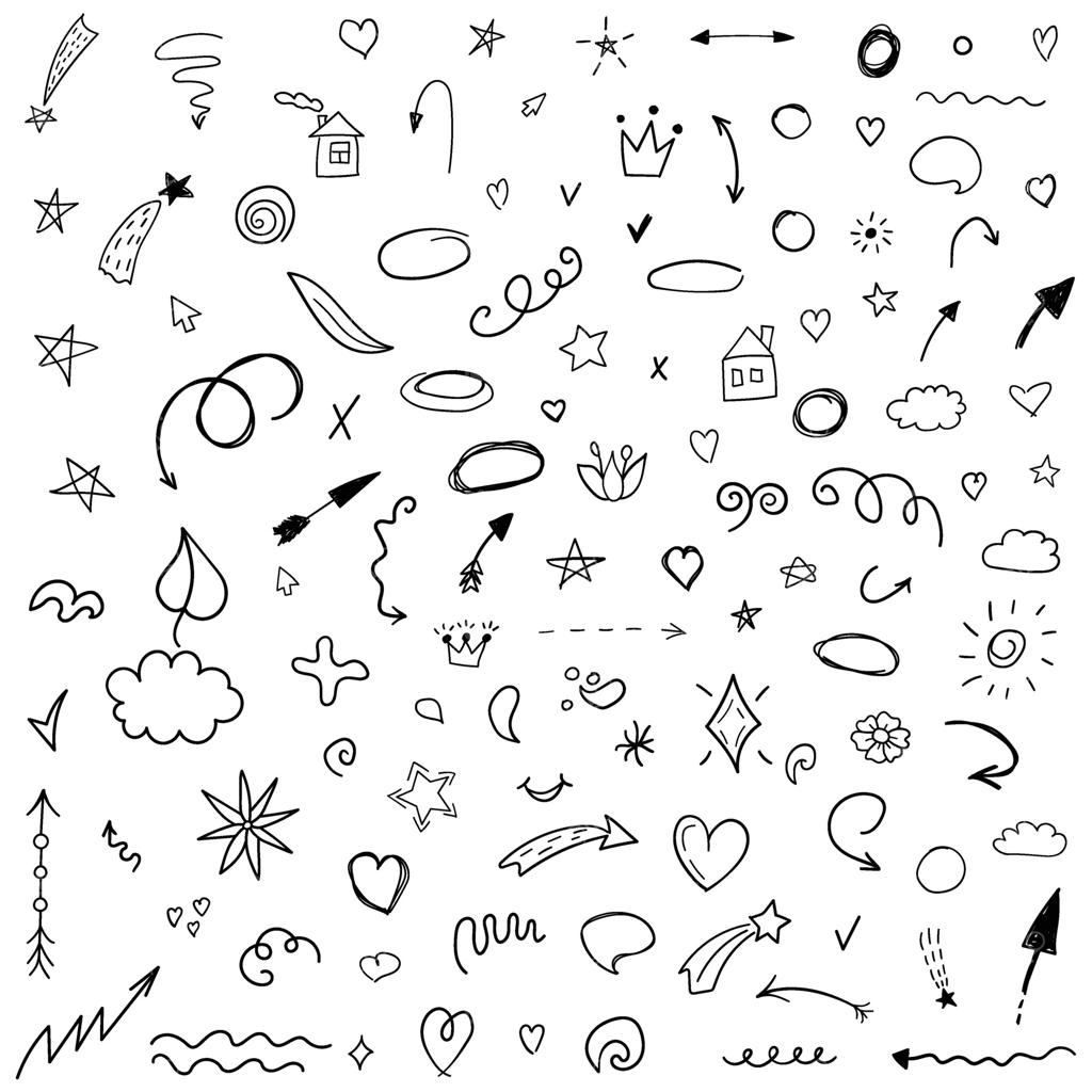 آیکون های طراحی دستی به سبک تخت: حباب های گفتگو، فلش ها و اشکال. تصویرسازی بر روی پس‌زمینه‌ای جداگانه. نشانه‌های طراحی برای مفهوم کسب و کار.