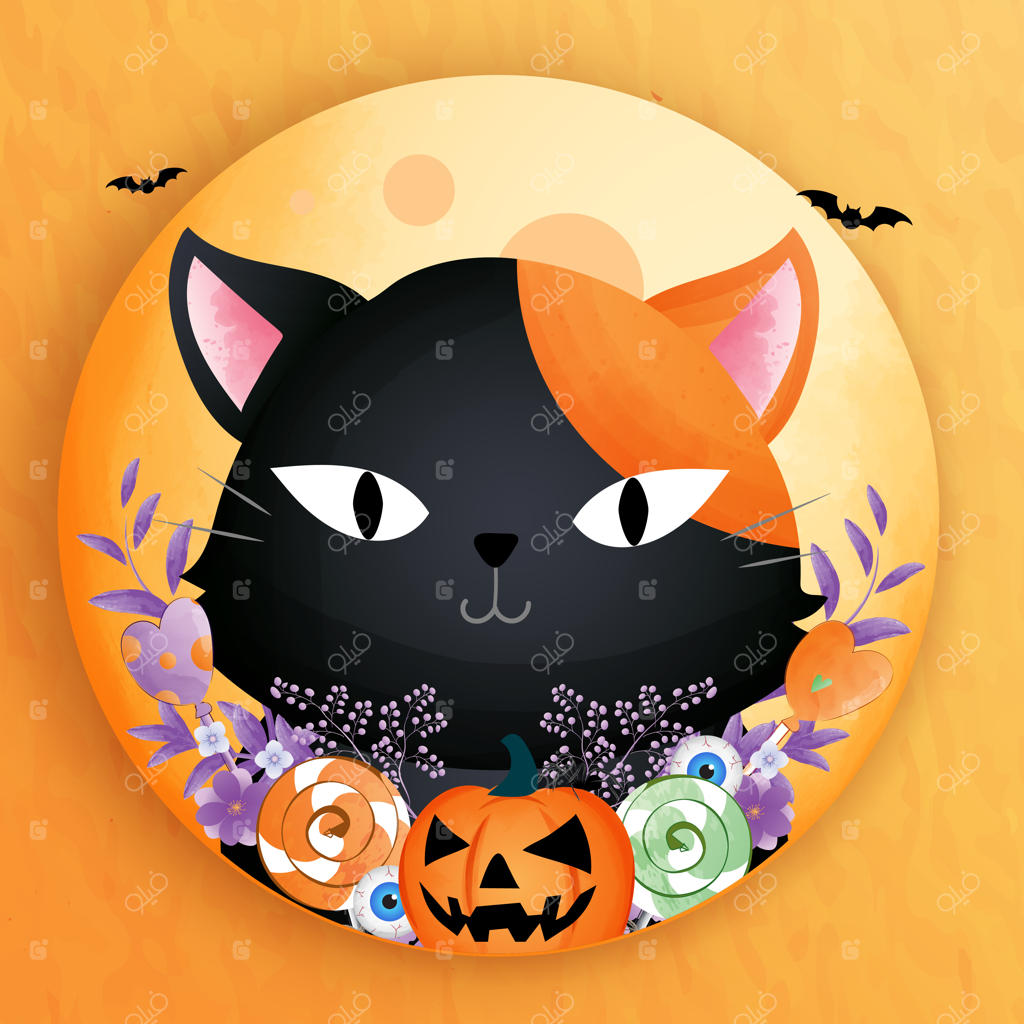 گربه سیاه هالووین با کدو حلوایی و آب‌نبات‌ها