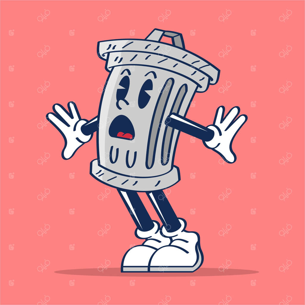 کارتون شخصیت سطل زباله با پس‌زمینه بنفش، نقاشی دستی