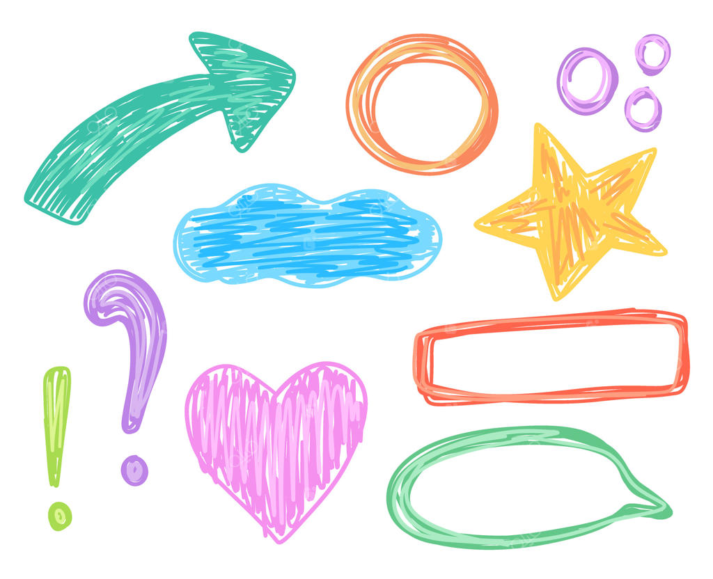 مجموعه‌ای کودکانه با فلش‌ها، حباب گفت‌وگو و ستاره به سبک نقاشی با مداد شمعی