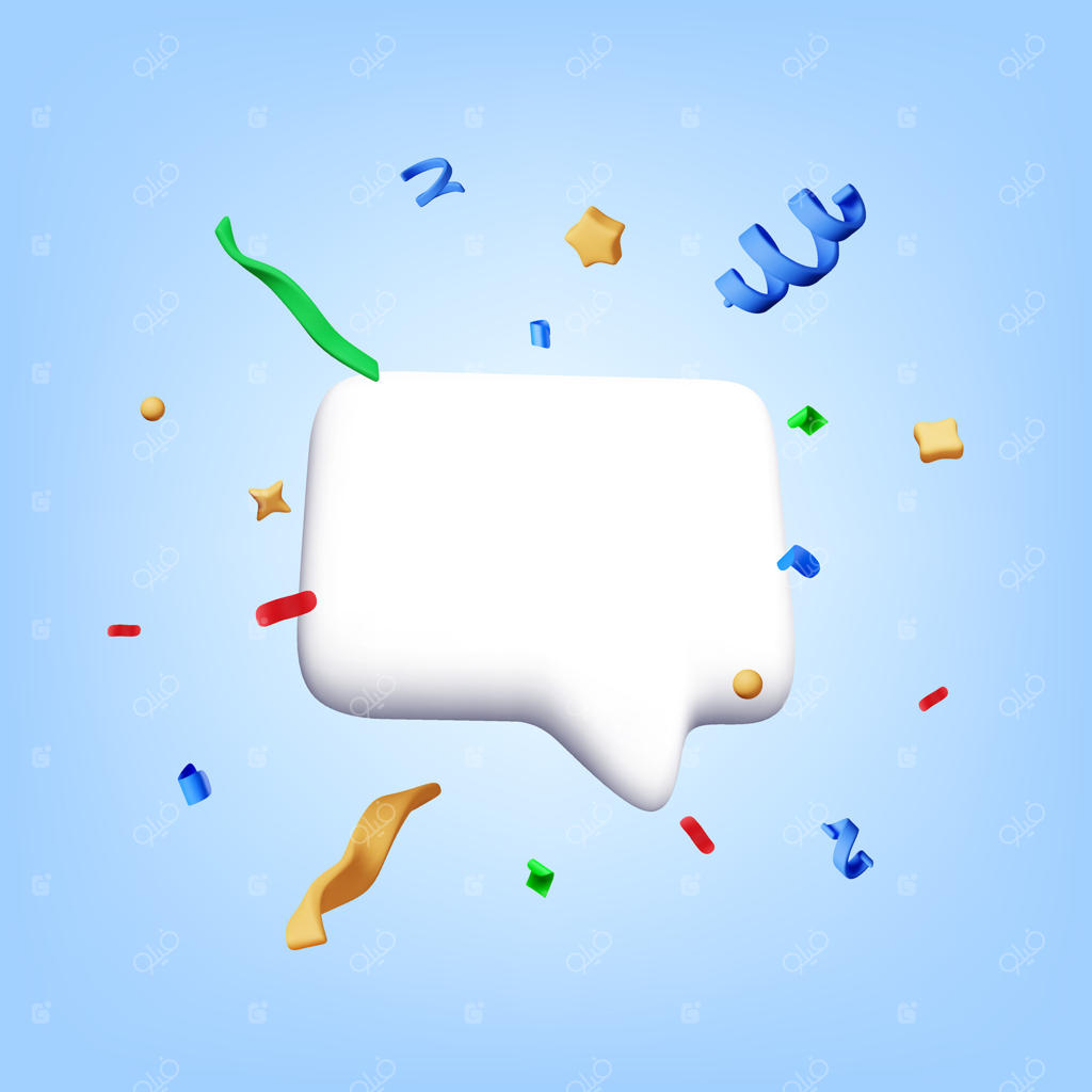 حباب گفتگوی سه‌بعدی با کاغذهای رنگی در پس‌زمینه آبی؛ رندر ابر گفتگو با انفجار کاغذهای رنگی و اشکال هندسی مناسب برای پیام‌های جشن، تعطیلات و تولد