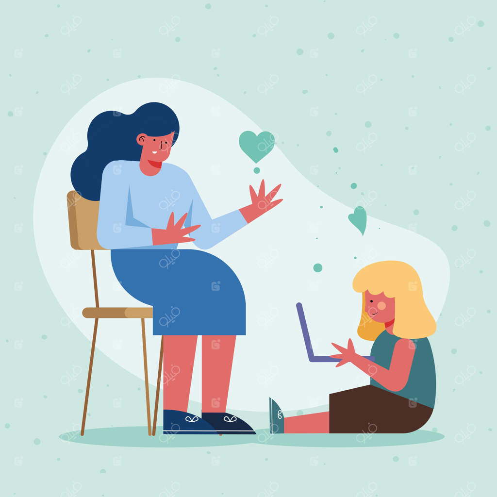 دختری با لپ‌تاپ و معلم