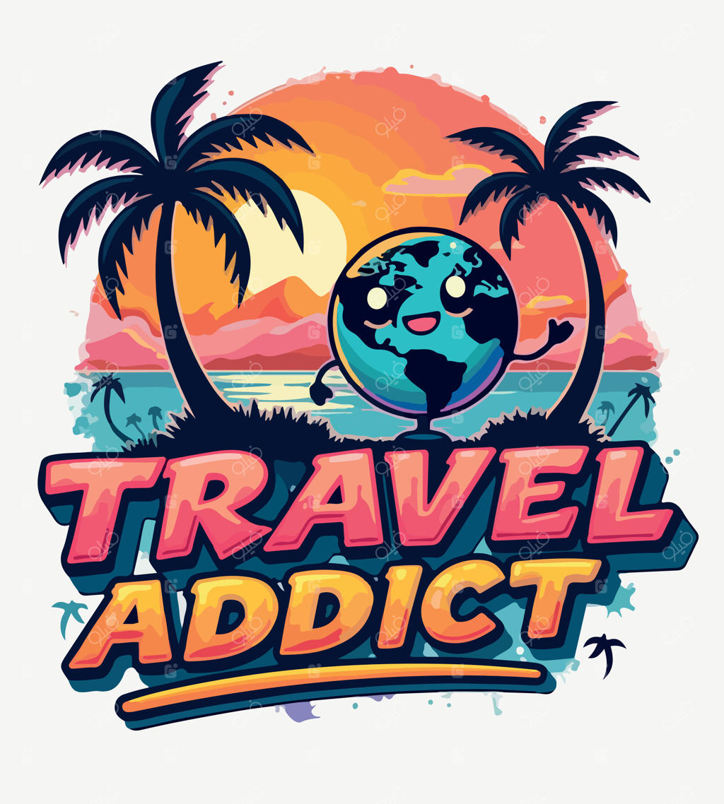 طرح تیشرت با موضوع سفر و پس‌زمینه درختان نخل و غروب آفتاب