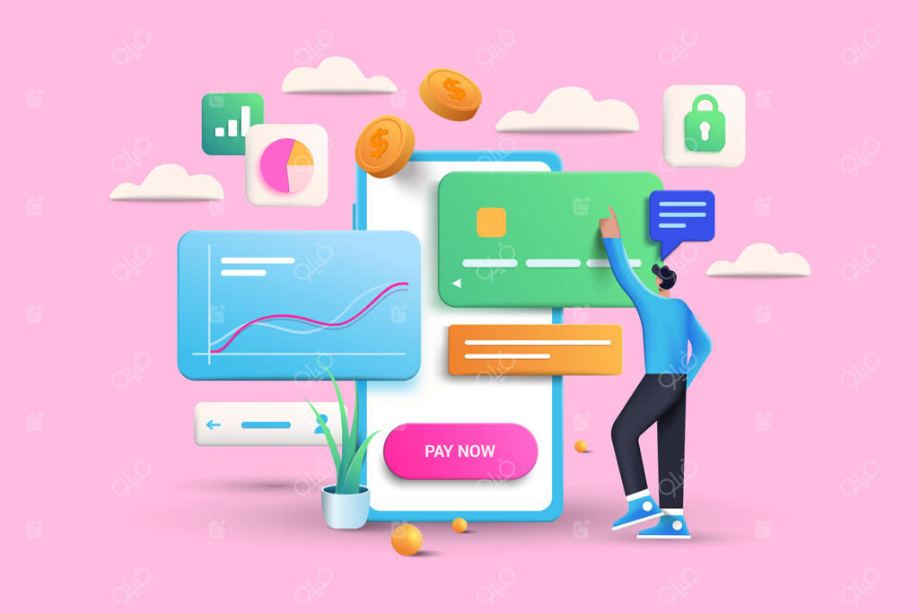 تصویرسازی تراکنش پرداخت آنلاین با پس‌زمینه صورتی