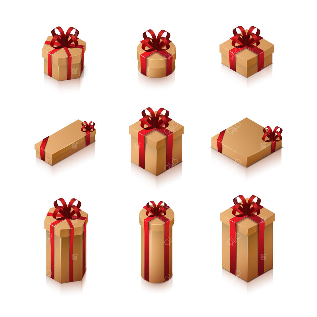 مجموعه‌ای از جعبه‌های هدیه با روبان و پاپیون - تصویر ایزومتریک بر زمینه سفید.