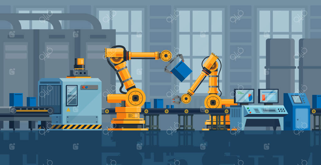 فضای داخلی کارخانه: خط تولید با ربات‌ها و تجهیزات پیشرفته خودکار، فناوری بهینه‌سازی سیستم‌های رباتیک