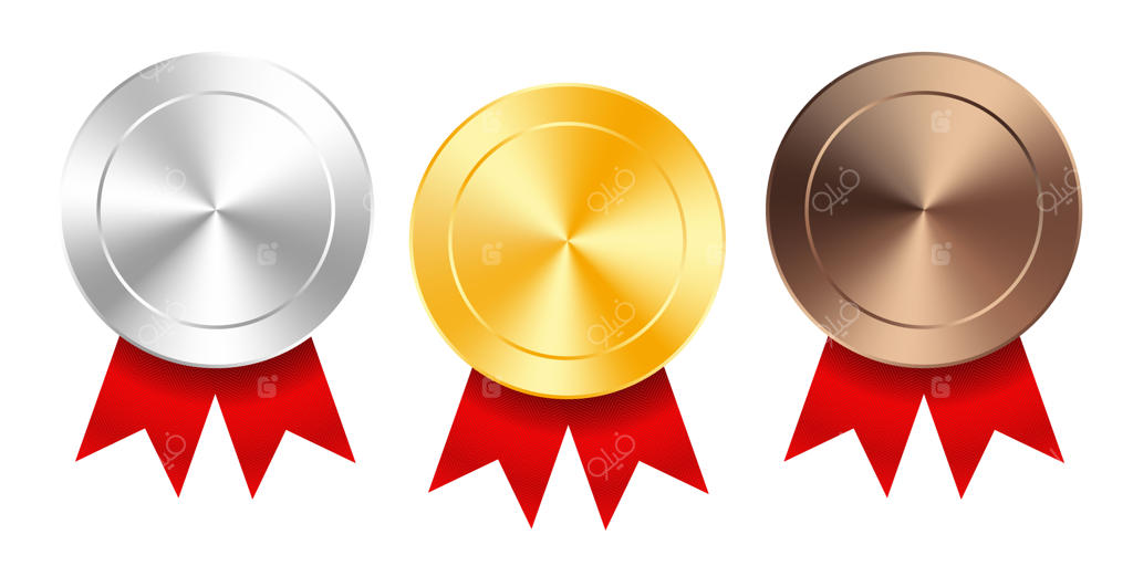 مجموعه‌ای از مدال‌های طلا، نقره و برنز با روبان‌های قرمز. کلکسیون مدال‌های براق دایره‌ای شکل روی زمینهٔ سفید. نشان‌های ممتاز.