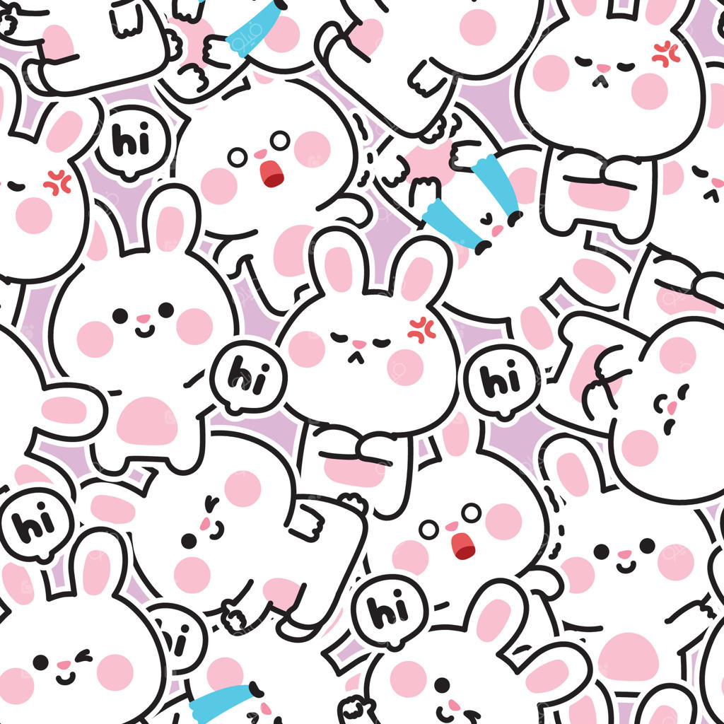 طرح یکپارچه از برچسب‌های خرگوش بامزه در احساسات و حالت‌های مختلف. کارتونی، احساسی، مخصوص عید پاک، طراحی شخصیت جوندگان به سبک کاوایی. تصویرسازی.