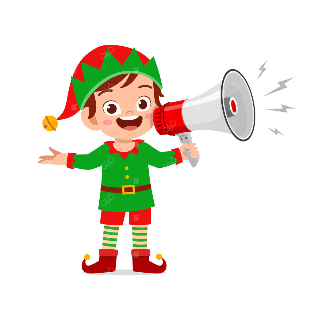 پسر و دختر بچه‌ی بانمک با لباس الف سبز کریسمس و بلندگو