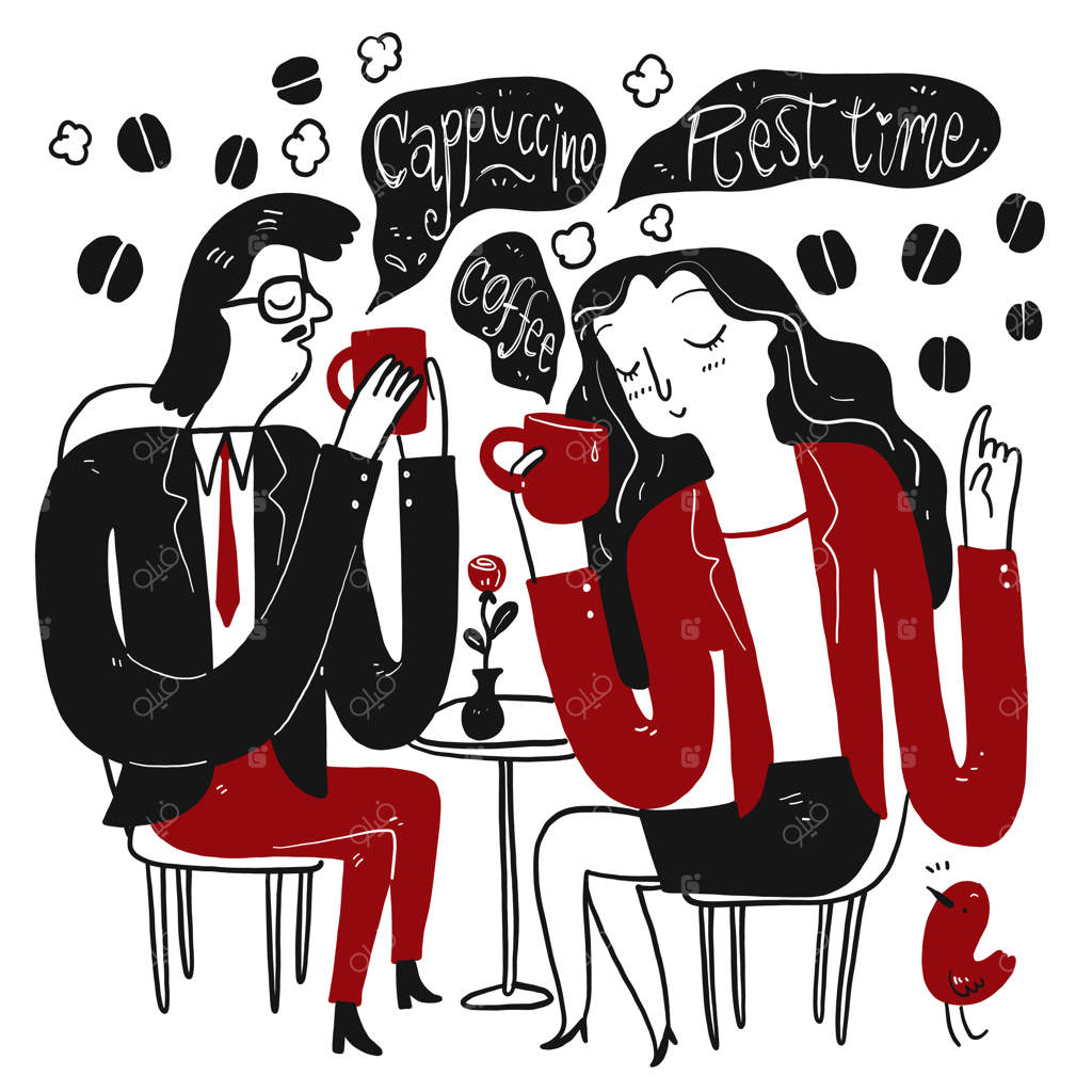زن و مرد هنگام استراحت بعدازظهر در حال نوشیدن قهوه. مجموعه‌ای از طرح‌های دستی وکتور به سبک طراحی آزاد.