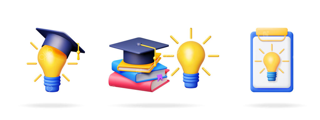 مجموعه سه‌بعدی با کلاه فارغ‌التحصیلی و لامپ نماد ایده و دانش، و کتاب‌ها برای مفهوم آموزش.