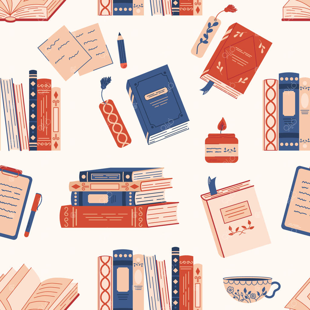 پترن دنج مطالعه با کتاب‌های رنگارنگ، شمع، نشانک و فنجان قهوه داغ