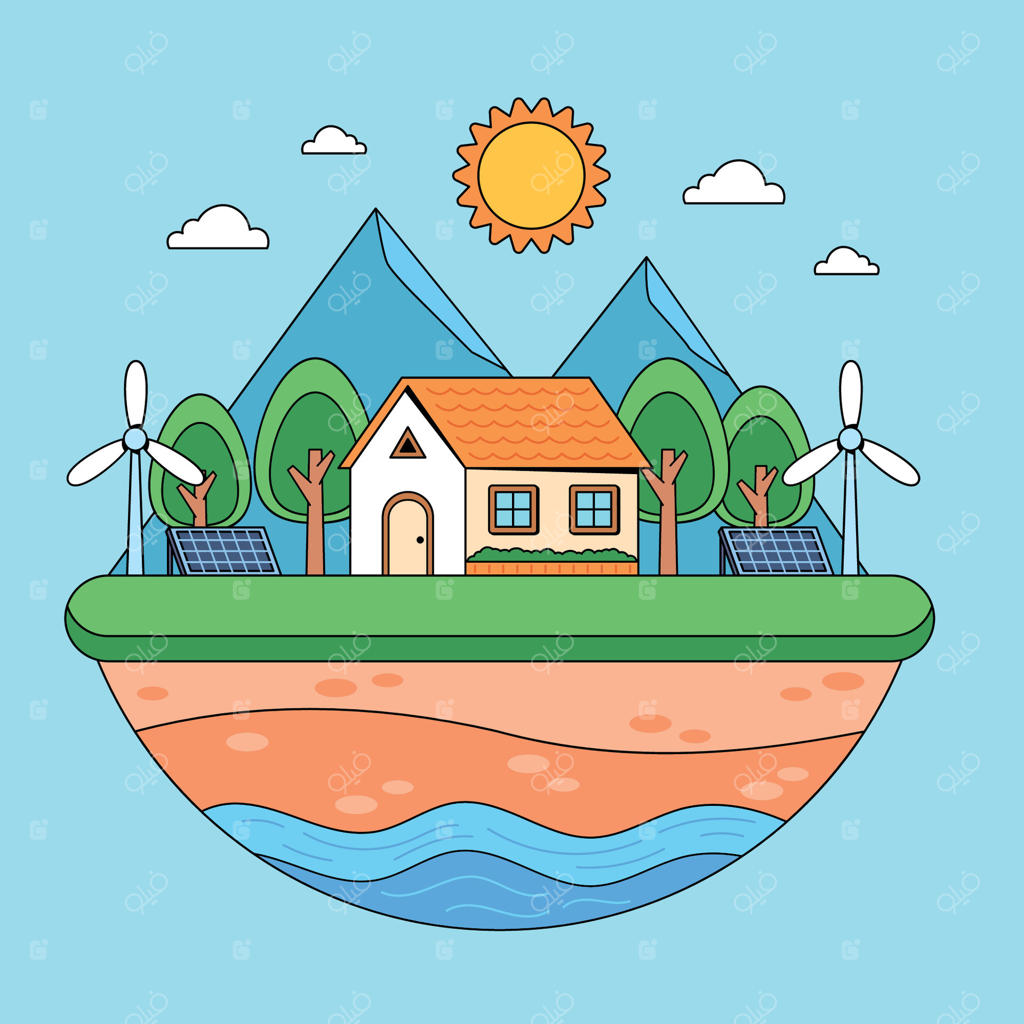 تصویری از یک خانه با توربین‌های بادی و پنل‌های خورشیدی
