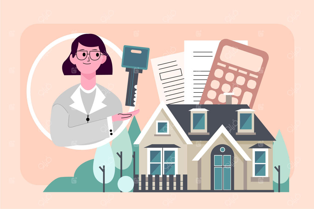 تصویرسازی کمک مشاور املاک با زن و کلید