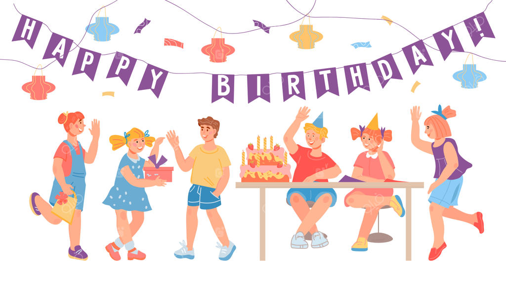 الگوی پوستر یا بنر جشن تولد کودکان با تصویر کارتونی بچه‌های شاد و سرحال