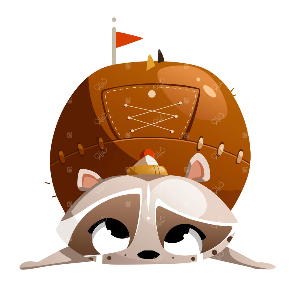 تصویر راکونی که زیر بار کوله‌پشتی بزرگ توریستی له شده است.