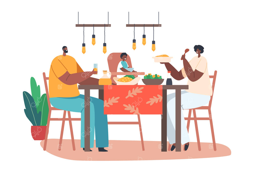 خانواده شاد آفریقایی، پدر، مادر و نوزاد در آشپزخانه روی صندلی بلند کنار میز با غذا مشغول صرف شام هستند.