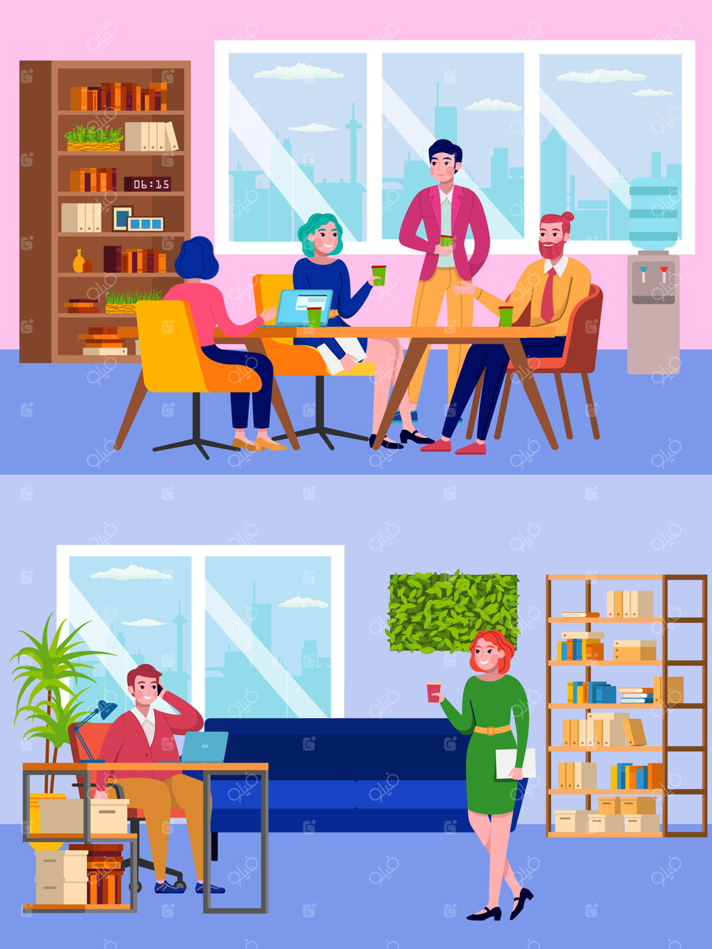 افراد اداری، کار تیمی و صرف قهوه در محل کار، همکاری مرد و زن، تحلیل کسب و کار و راهبرد. جلسه کاری در دفتر شرکت.