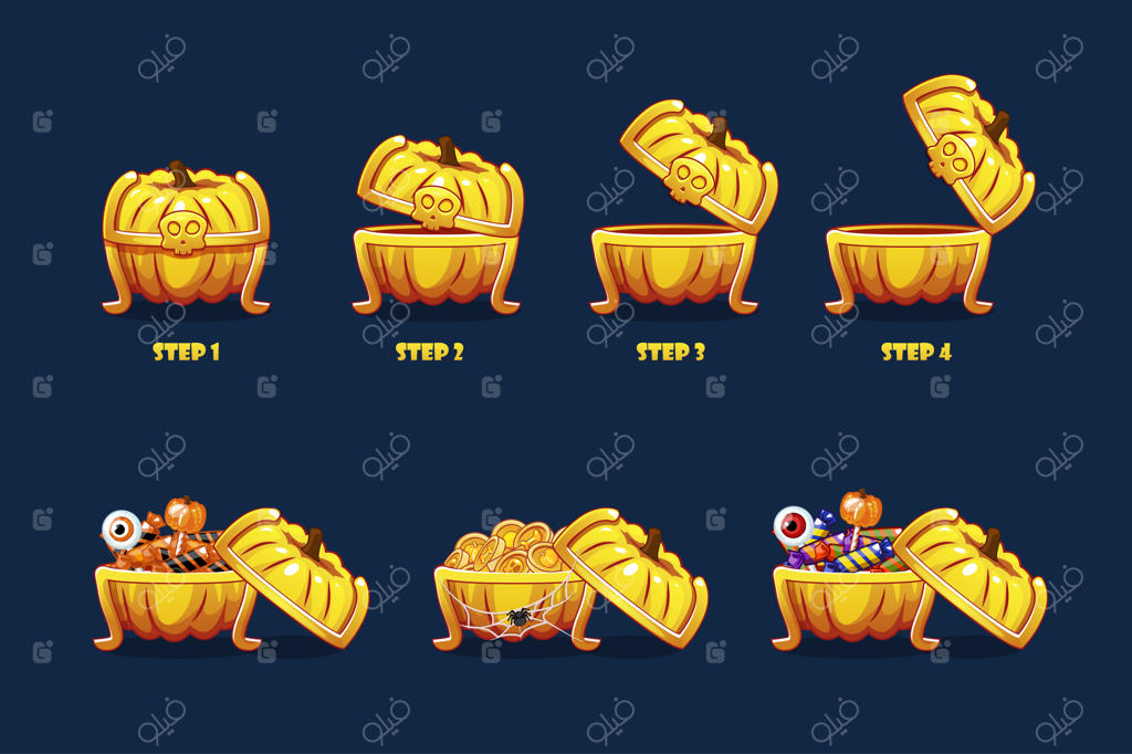 انیمیشن گام به گام "صندوق کدو تنبل هالووین" با آبنبات و سکه‌ها، باز و بسته شدن صندوق کدو تنبل