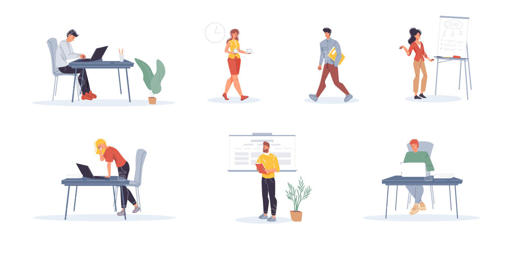 مجموعه‌ای از شخصیت‌های کارتونی: کارمندان اداری، کارکنان پرمشغله و فریلنسرها