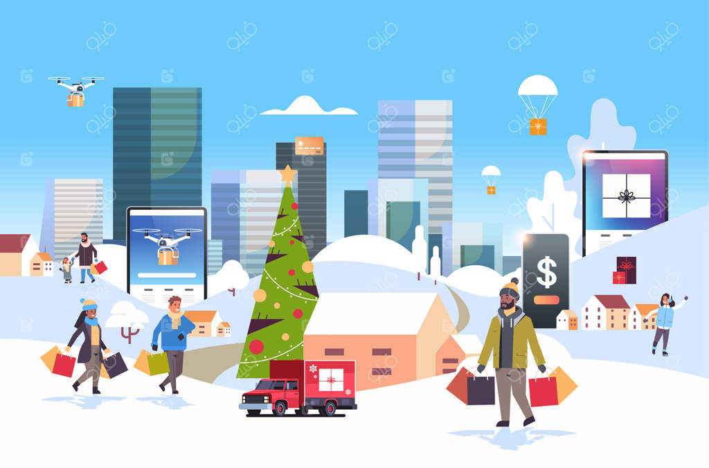 بابانوئل در حال حمل هدایای کریسمس و مردم با کیسه‌های خرید در حال آماده‌سازی برای تعطیلات سال نو مردان و زنان با استفاده از اپلیکیشن‌های موبایل در منظره زمستانی شهر