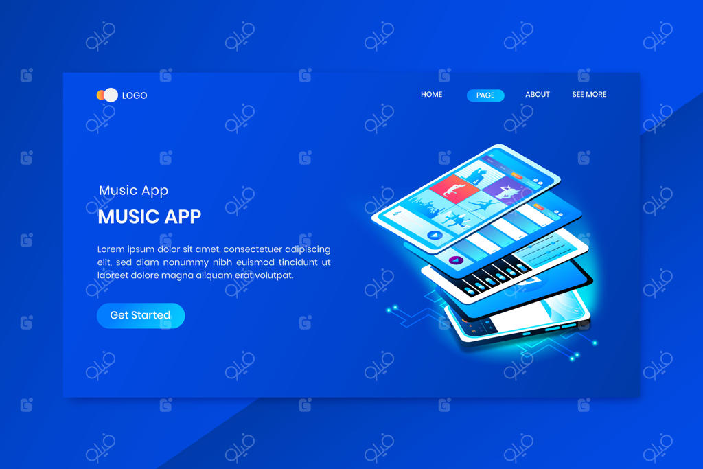 صفحه فرود کانسپت ایزومتریک اپلیکیشن موزیک