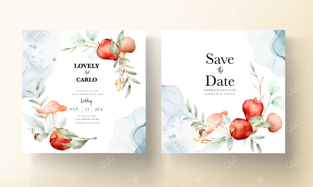 کارت دعوت گل‌ و سیب قدیمی با طراحی آبرنگی و دست‌کشیده