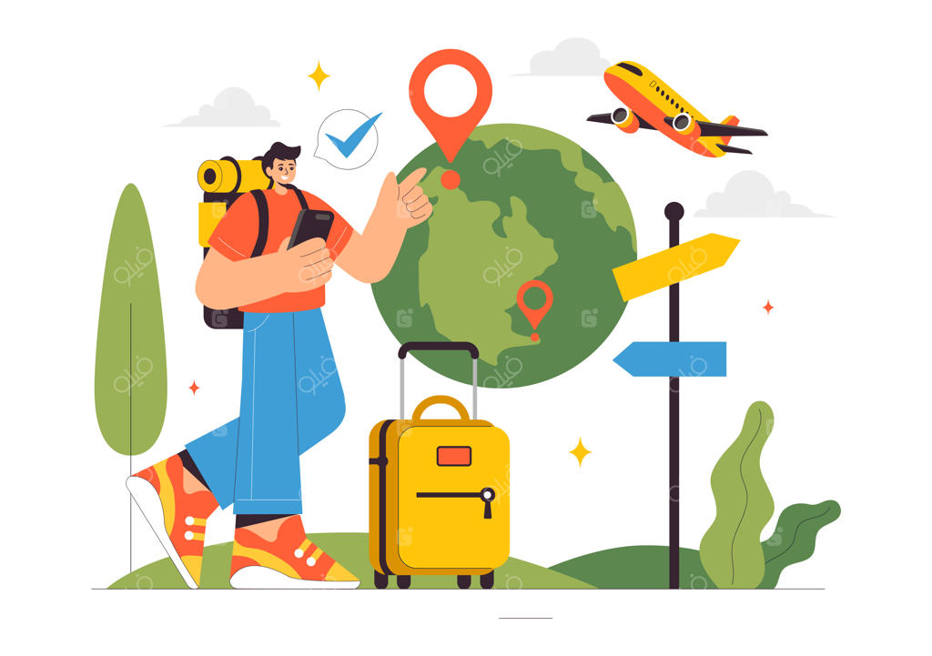 تصویرسازی وکتور سفر با کوله‌پشتی، نقشه و دوربین عکاسی برای گردشگری ماجراجویانه با پس‌زمینه تخت