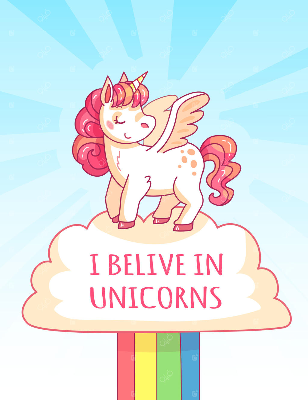 تک‌شاخ جادویی با بال‌هایی بزرگ بر روی ابری ایستاده و پیام شادی‌بخش "به تک‌شاخ‌ها ایمان داشته باشید" را تبلیغ می‌کند. رنگین‌کمان زنده و درخشان جذابیت بازیگوشانه آن را دوچندان کرده است.