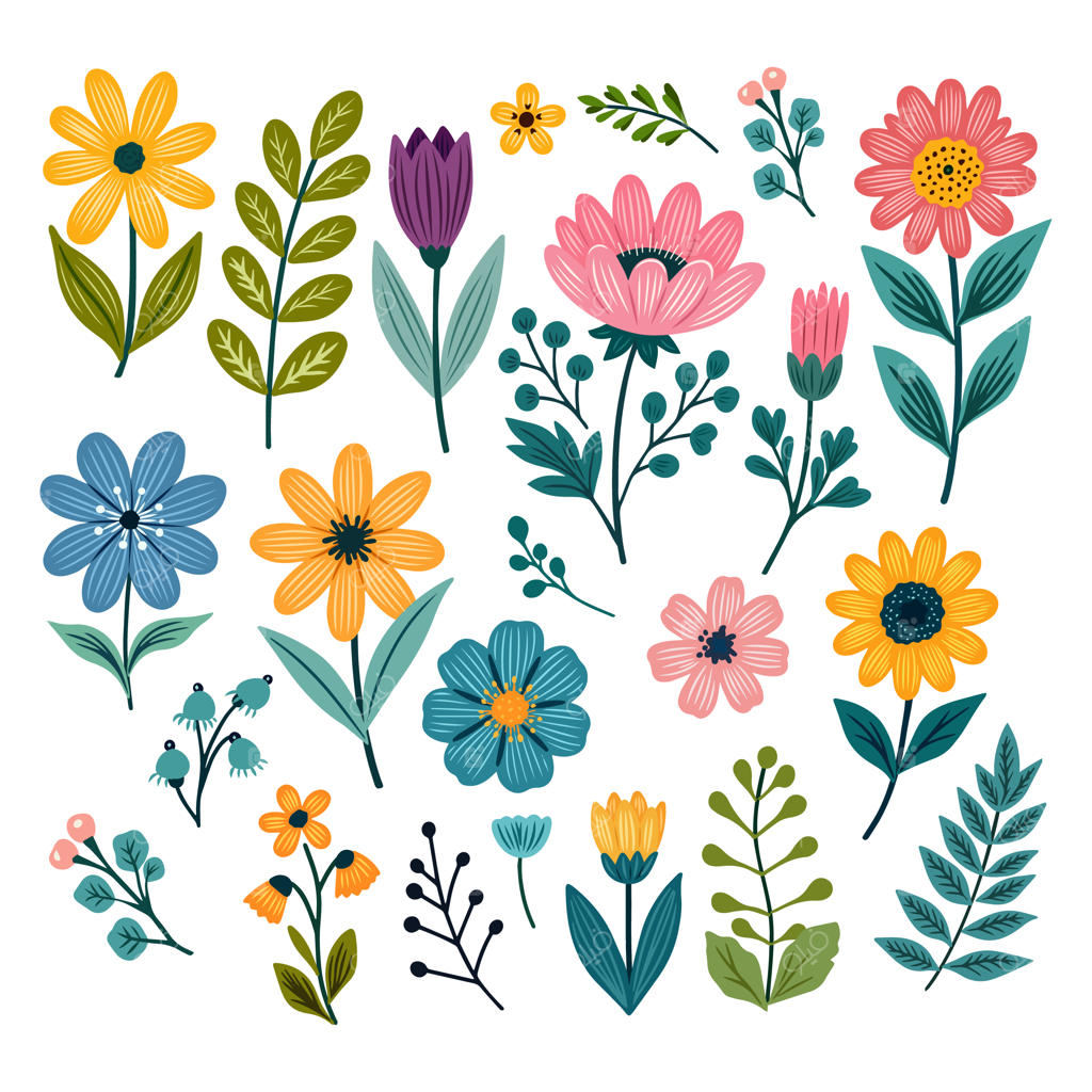 مجموعه رنگارنگ گل‌های بهاری با طرح دستی