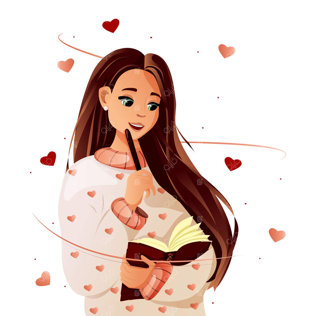 دختری زیبا با ژاکتی گرم و طرح قلب در حال نوشتن در دفترچه‌اش