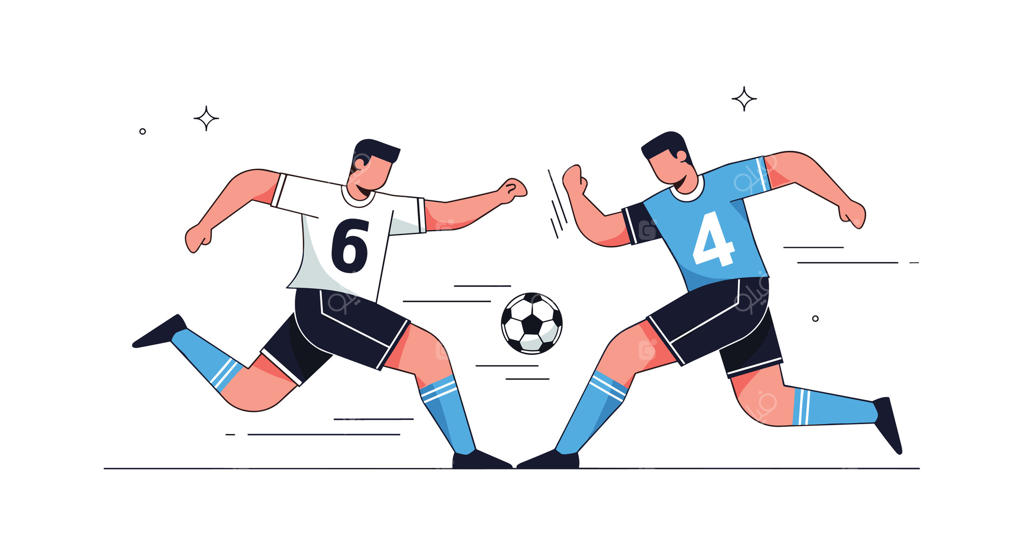 دو بازیکن فوتبال در حال ضربه زدن به توپ در جریان مسابقه