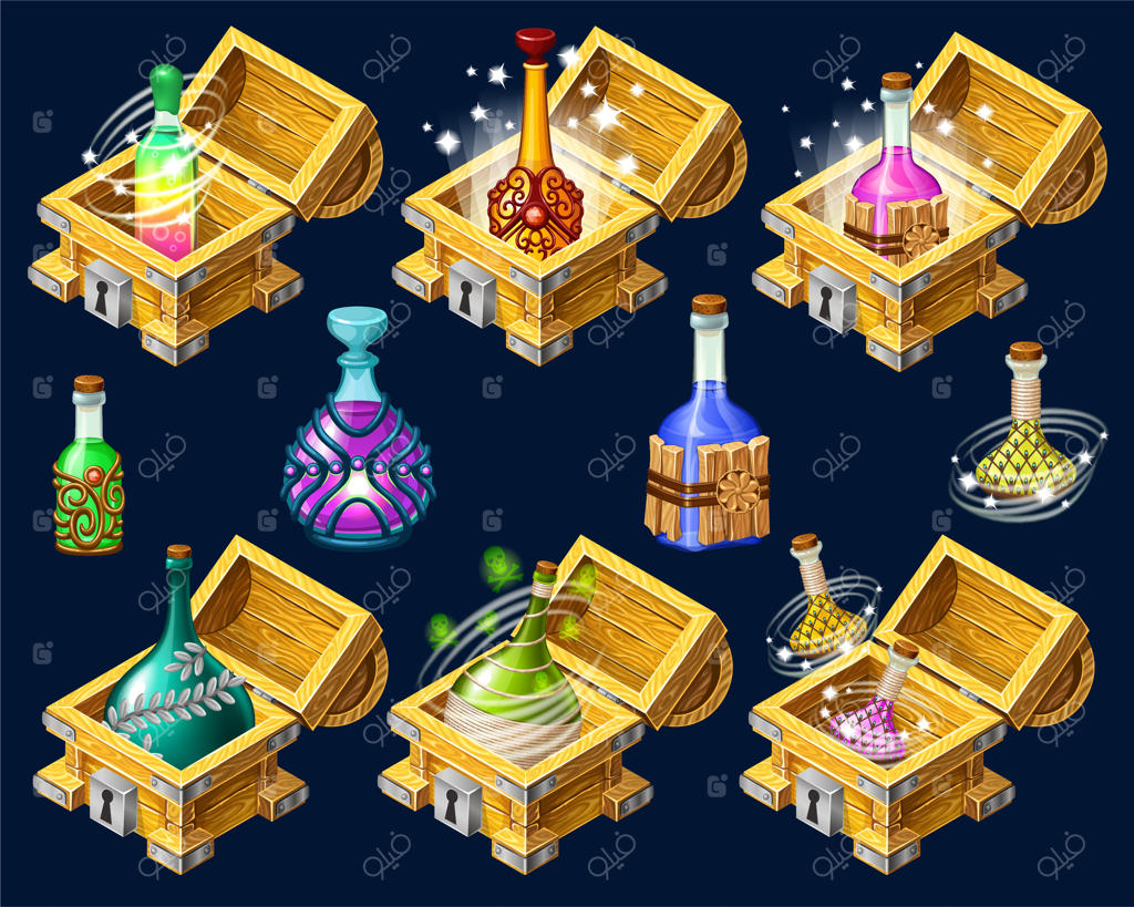 صندوق‌های ایزومتریک کارتونی با اکسیرها.