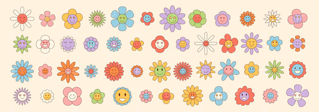 ست برچسب‌های گل بامزه و نوستالژیک به سبک رنگارنگ y2k با طرح‌های شاد و بازیگوش. عنصر جذاب حال و هوای شاد و پویایی به آن اضافه می‌کند، مناسب برای برچسب یا کاغذ دیواری خلاقانه.
