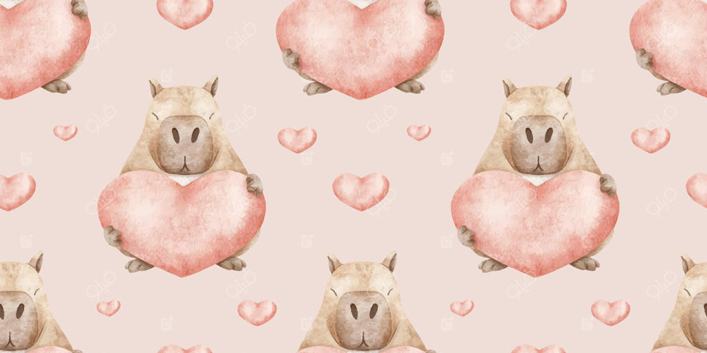 عشق کاپی‌باراها و قلب‌های قرمز. طرح روز ولنتاین با جوندگان دوست‌داشتنی. پترن سطحی بی‌پایان آبرنگی بر زمینه صورتی برای ۱۴ فوریه، کاغذ دیواری، پارچه، کاغذ کادو